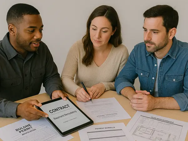 Homeowners reviewing and signing basement renovation contract with project timeline and payment terms